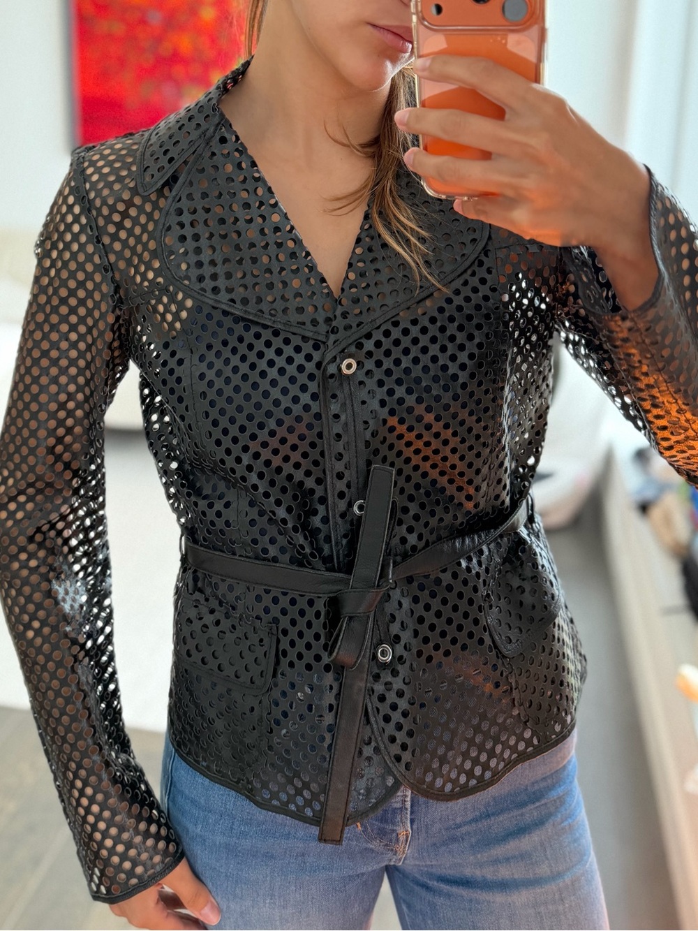 AJ Armani Jeans Perforated Leather Jacket — Black — Size 42 / US 8